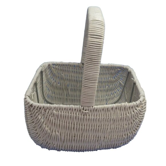 White Rectangle Handle Basket Laminated Metal Wedding Shower Cottage Easter - Picture 1 of 8